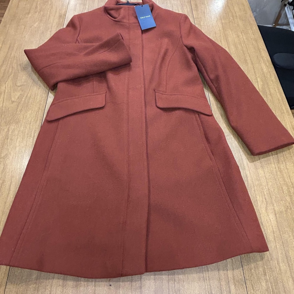 Cole Haan Wool Coat Womens 12 Rust Brown Zip Front Mid Length Lined Overcoat